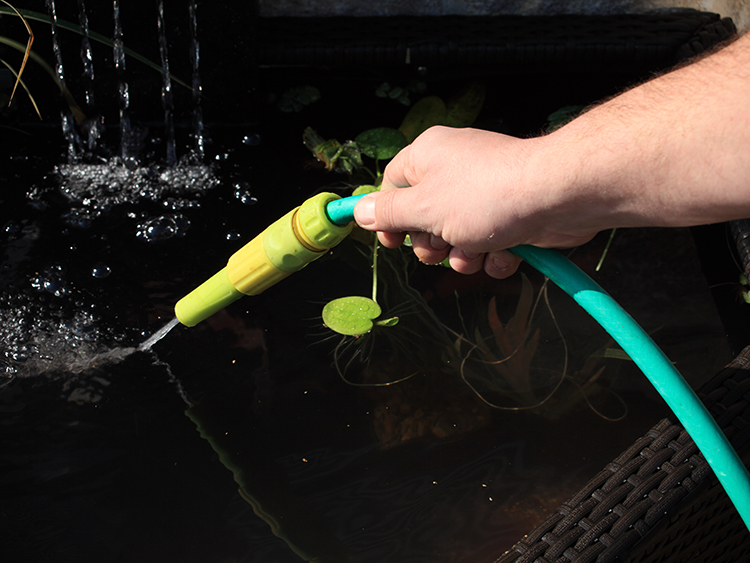 A hand holding a garden hose pipe over a pond